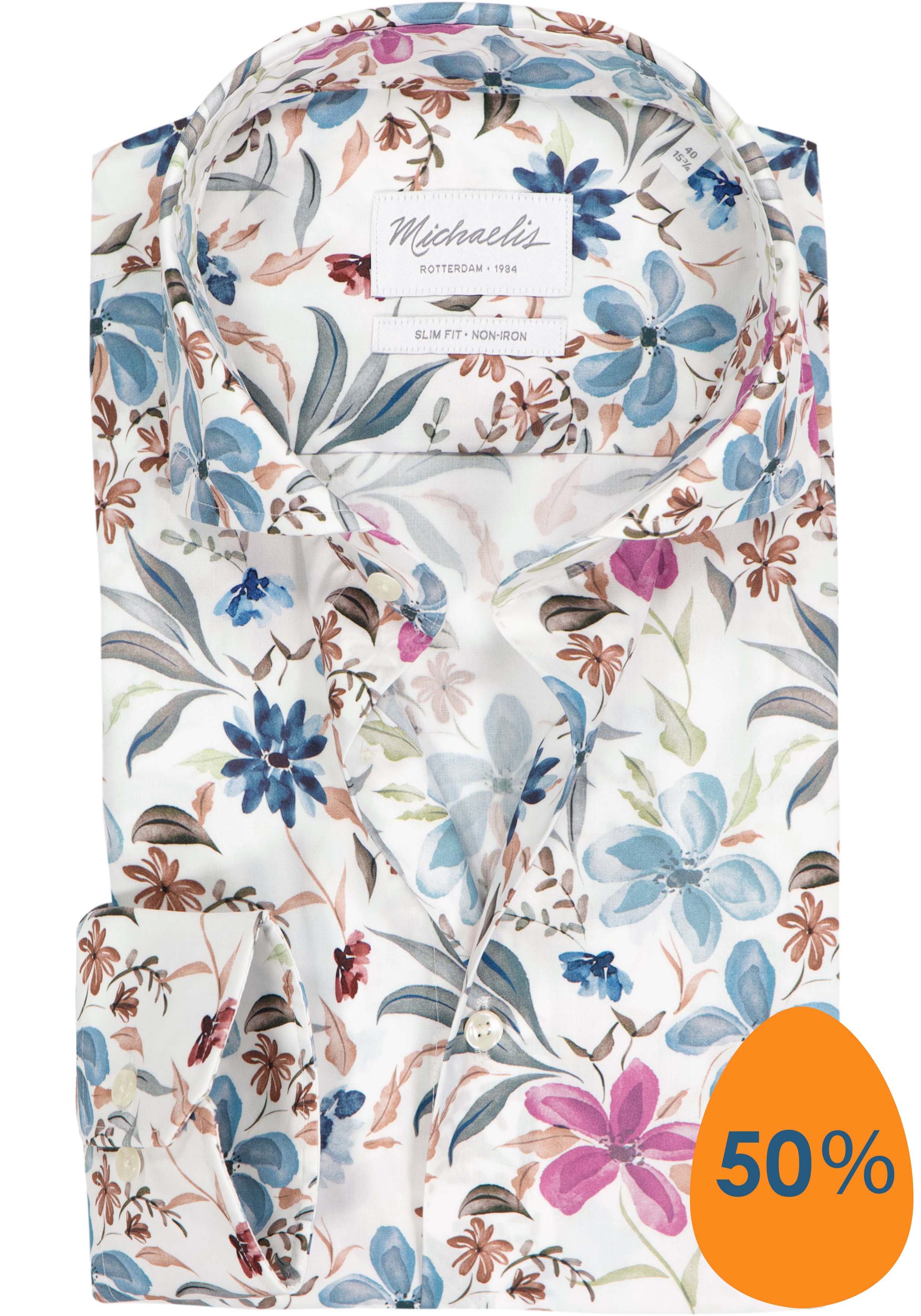 Michaelis slim fit heren overhemd, popeline, wit met blauw en groen bloemen dessin